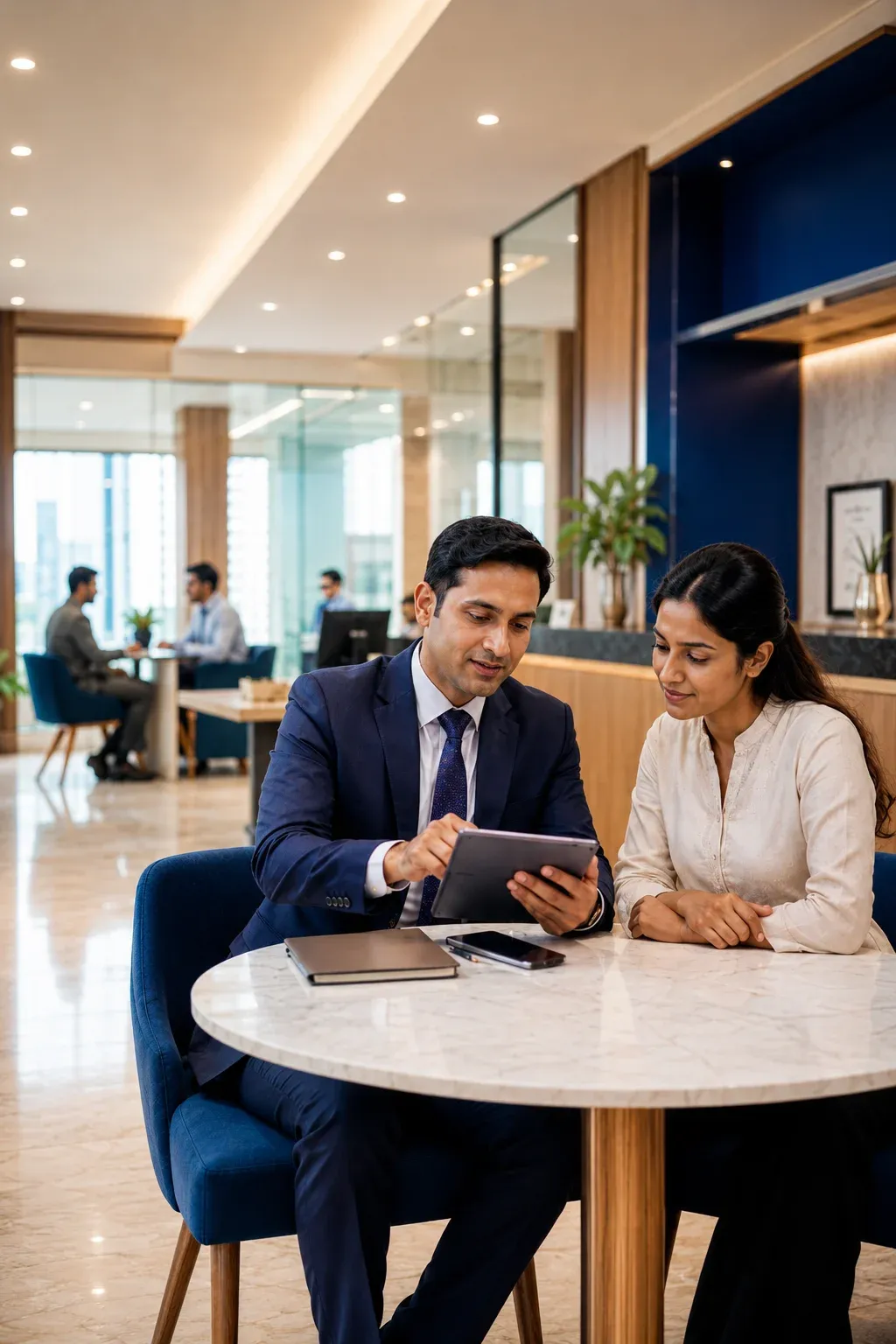 BFSI banking advisor discussing financial product training on a tablet with a client in a bank branch — field agent enablement by Leap10x
