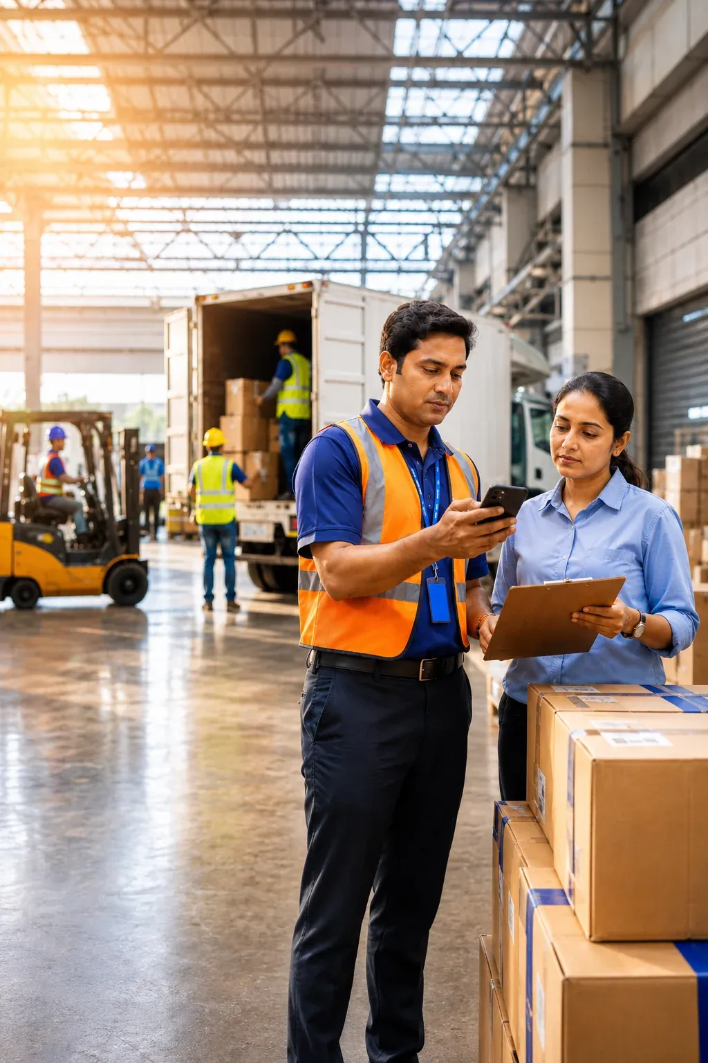 Logistics warehouse worker in orange safety vest using phone for training while supervisor reviews clipboard — delivery partner onboarding by Leap10x