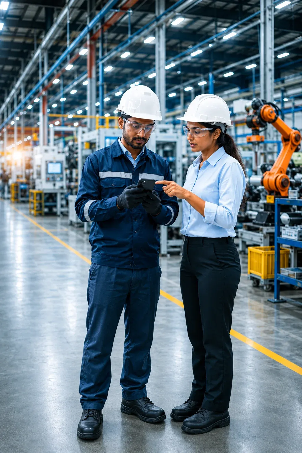Manufacturing factory floor workers in hard hats reviewing training on a mobile phone — WhatsApp-based safety training by Leap10x