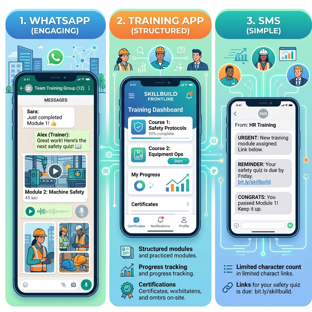 WhatsApp vs SMS vs App: The Complete Guide to Frontline Training Delivery Channels